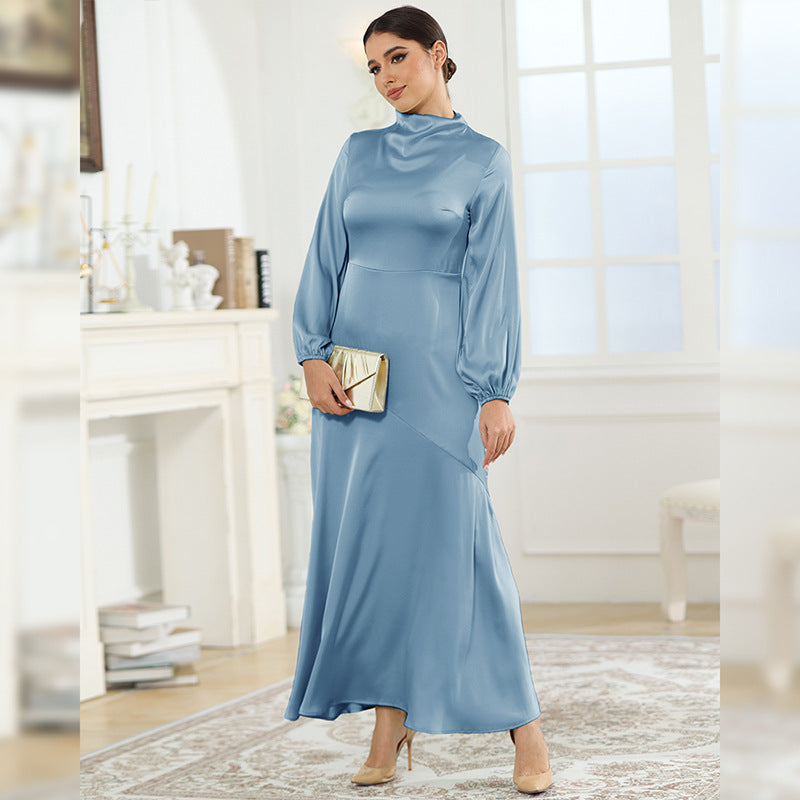 new autumn foreign trade satin conservative long-sleeved loose dress with elegant temperament women's evening dress