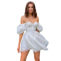 French sexy one-shoulder dress  summer new fashion puff sleeve pleated waist slimming dress