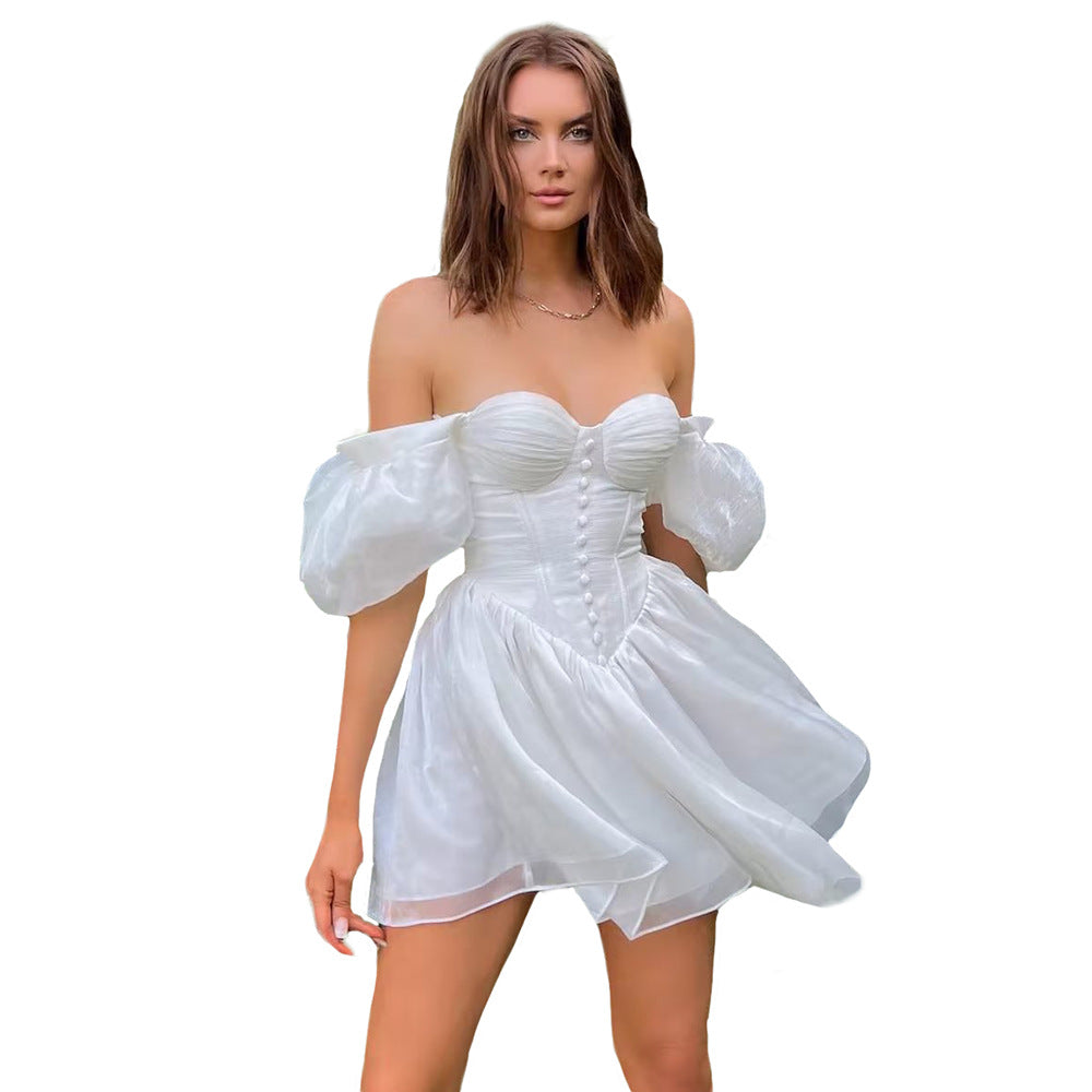 French sexy one-shoulder dress  summer new fashion puff sleeve pleated waist slimming dress