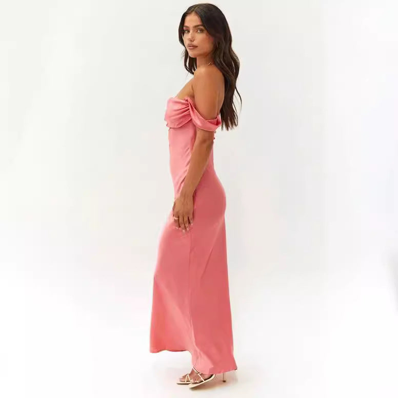 Spring and Summer New Ins One Shoulder Tube Top Satin Hip-Hip Backless Women's Dress Long Dress Evening Dress