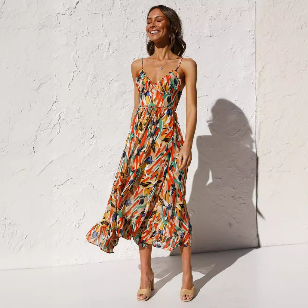 summer new women's print ruffled suspender dress