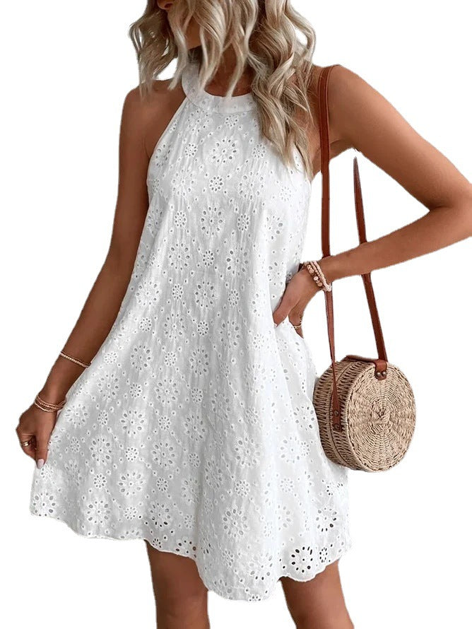 Summer New Women's Lace Solid Color Sleeveless Button Halter Dress