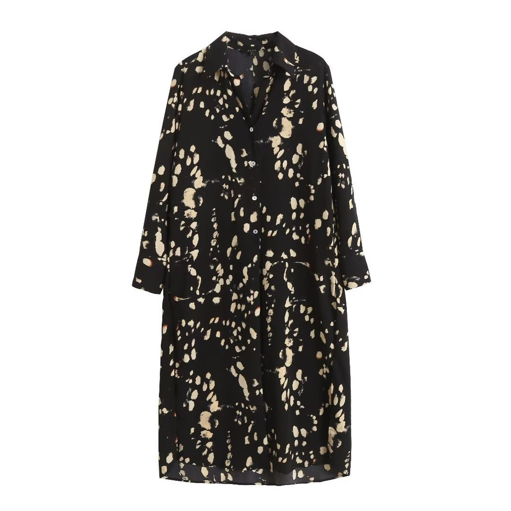 autumn new style new slim fit black and white printed design long long-sleeved dress