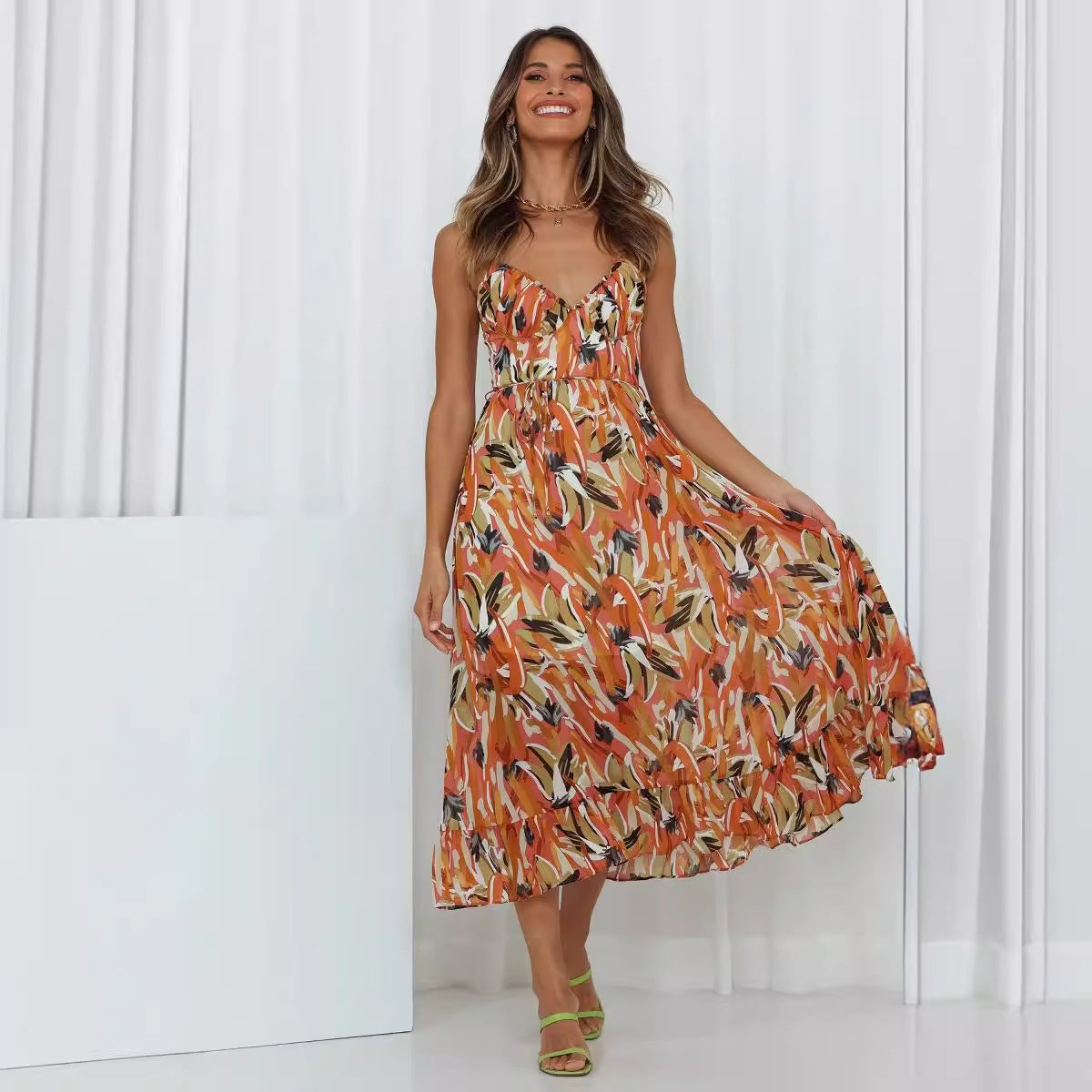summer new women's print ruffled suspender dress