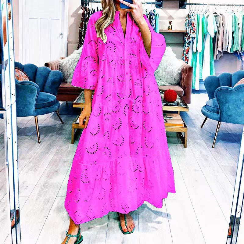 Summer and Autumn French Style V-neck Bell Sleeve Lace Hollow-out Solid Color Sexy Long Dress for Women