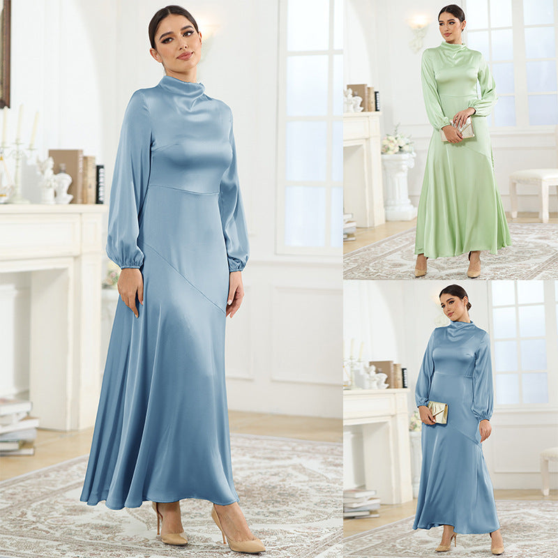 new autumn foreign trade satin conservative long-sleeved loose dress with elegant temperament women's evening dress