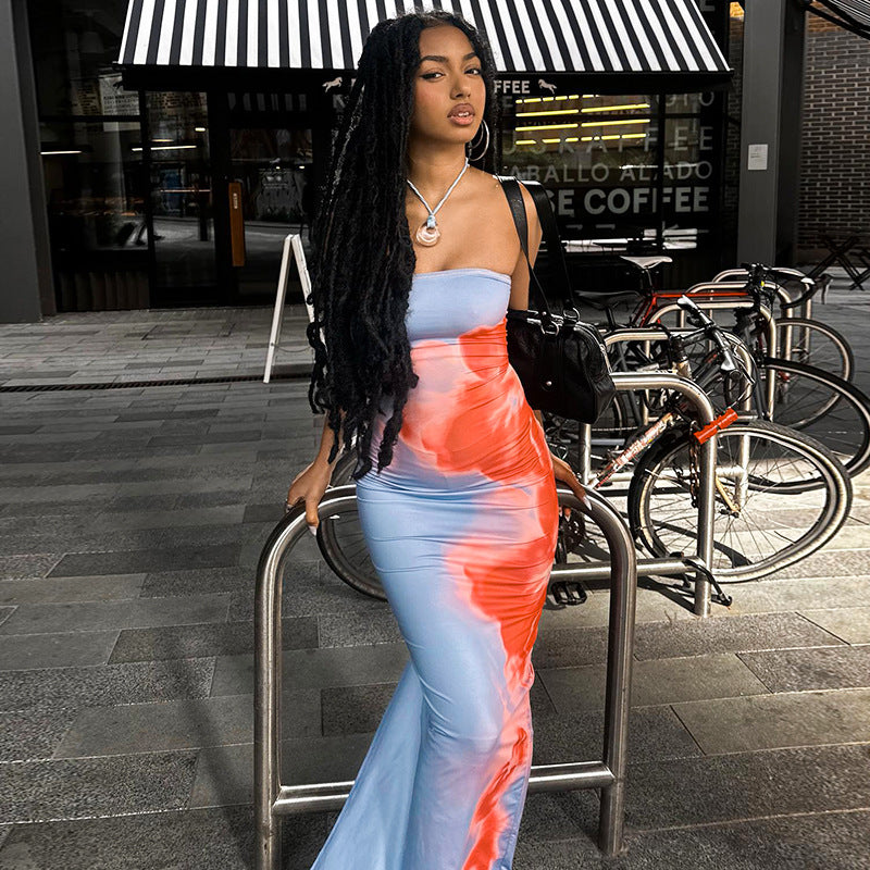 summer new high-end contrasting print tight tube top slit dress