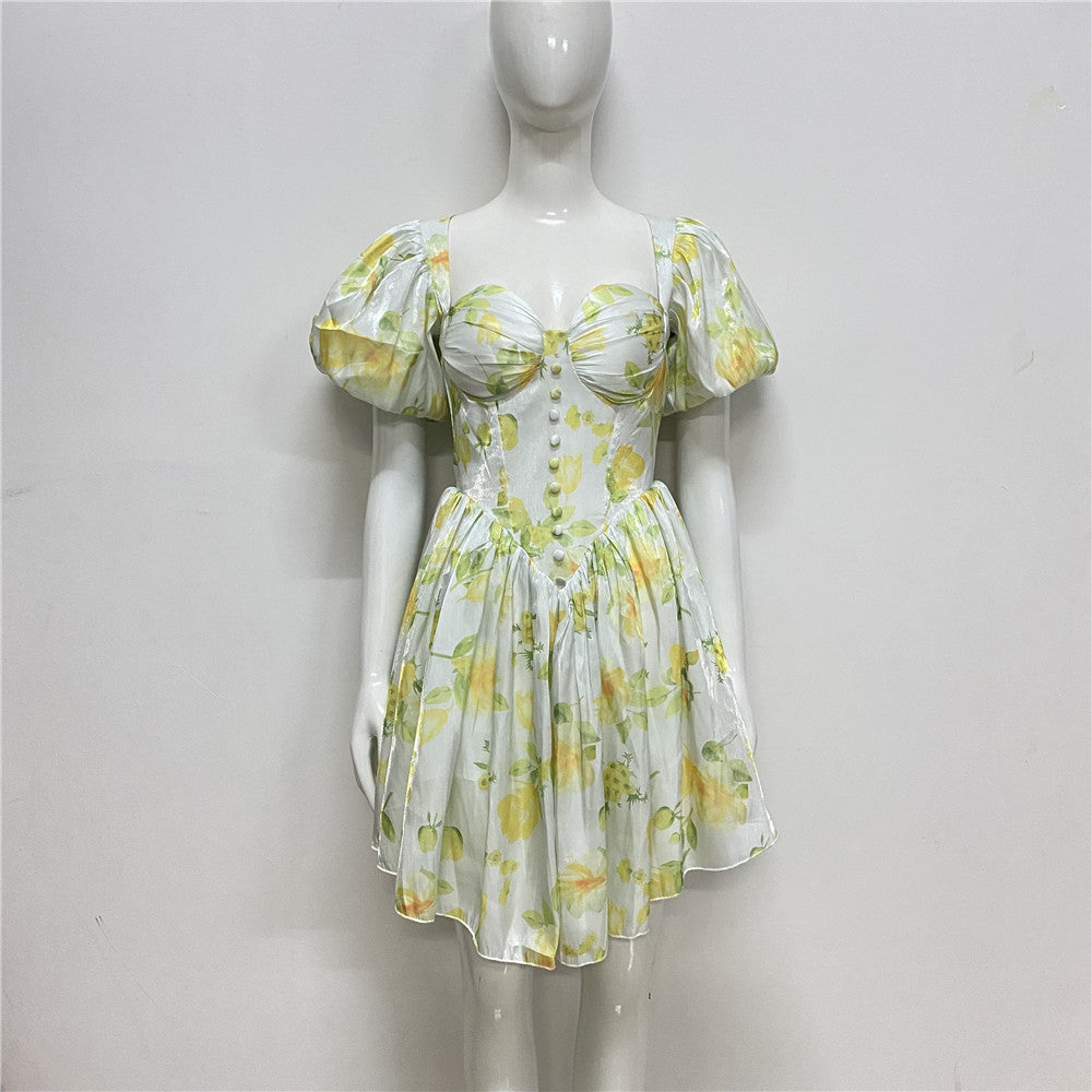 French sexy one-shoulder dress  summer new fashion puff sleeve pleated waist slimming dress