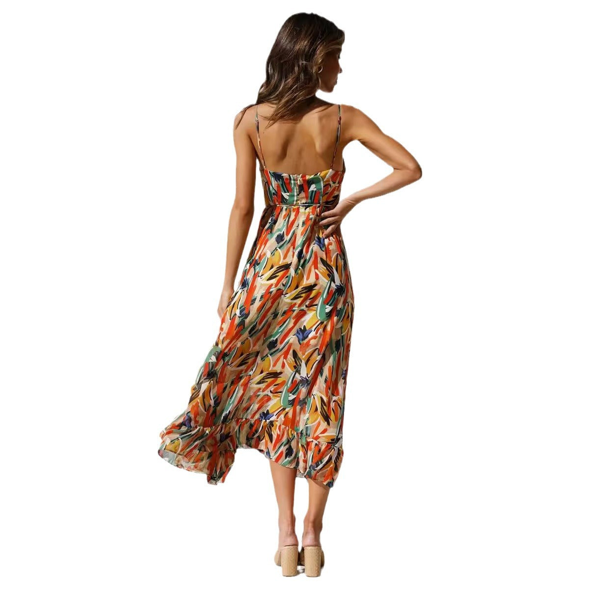 summer new women's print ruffled suspender dress