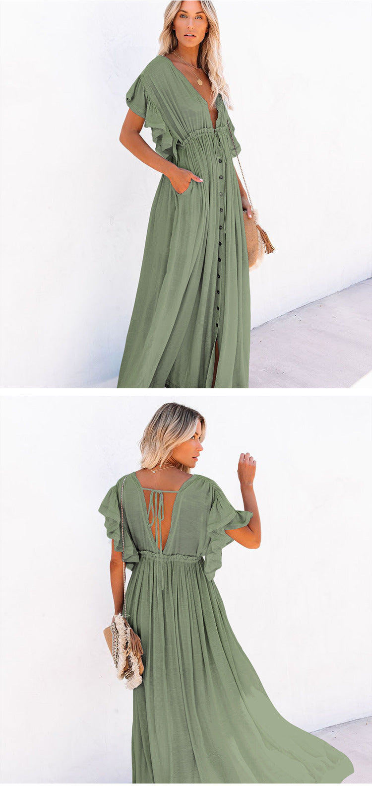 new solid color beach cover-up long skirt sun protection shirt Hawaii seaside vacation