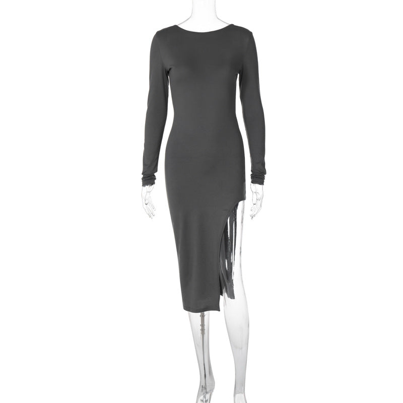 Solid color long-sleeved hip-covering skirt winter new women's sexy backless slit dress