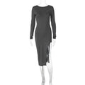 Solid color long-sleeved hip-covering skirt winter new women's sexy backless slit dress