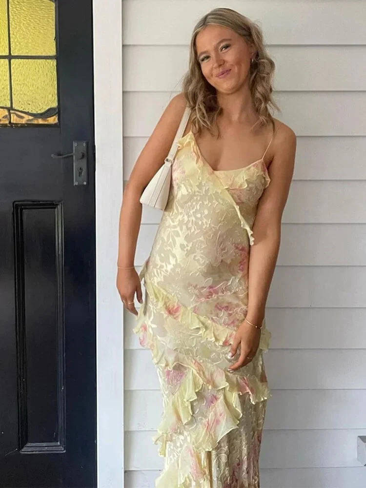 style ins  women's fashion printing sexy sling backless lace irregular dress trendy Dress