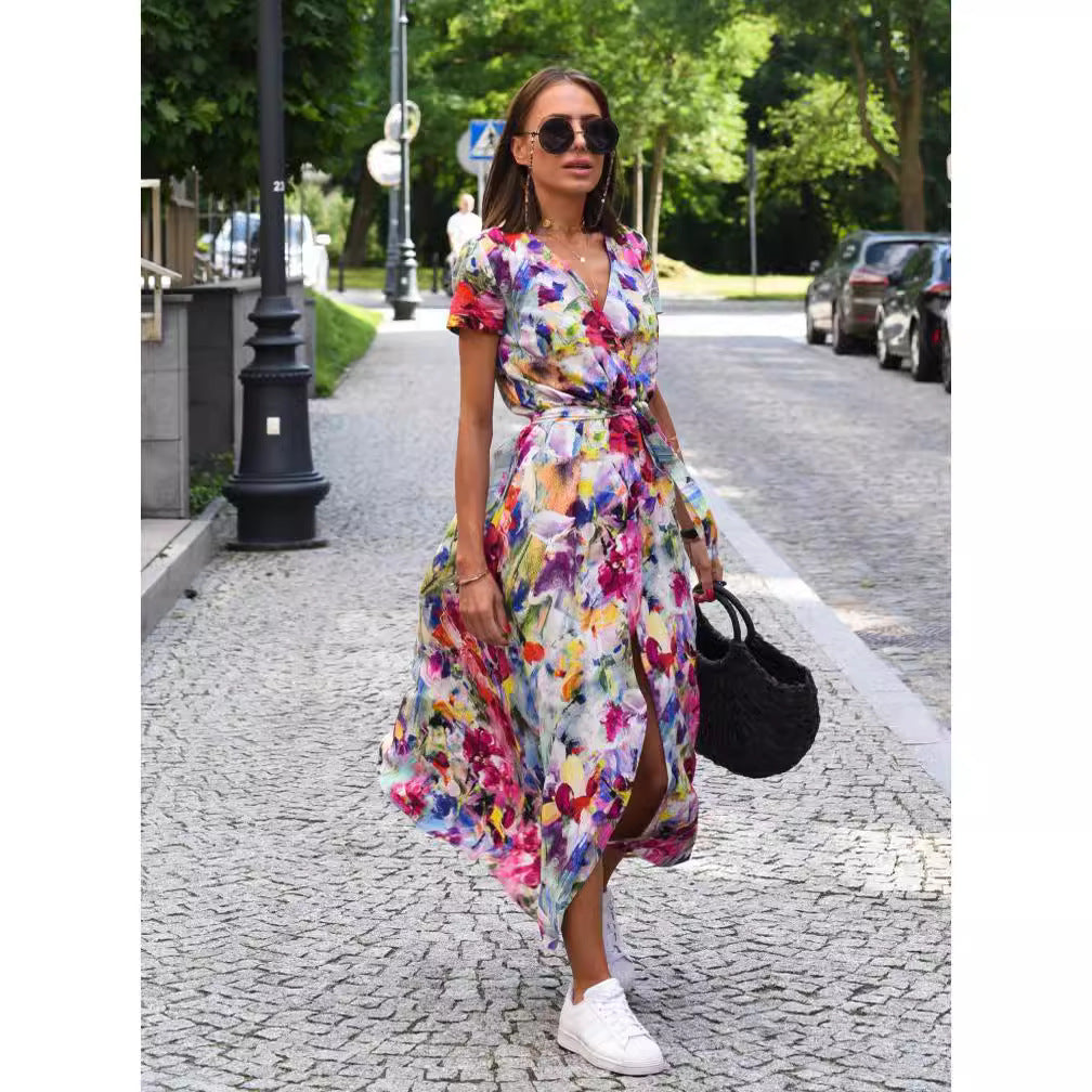 hot sale new summer European and American printed V-neck short-sleeved lace-up adjustable waist slit long skirt dress