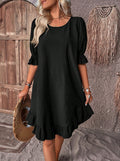 Spring and Summer women's retro cotton and linen mid-sleeve round neck solid color loose swing dress