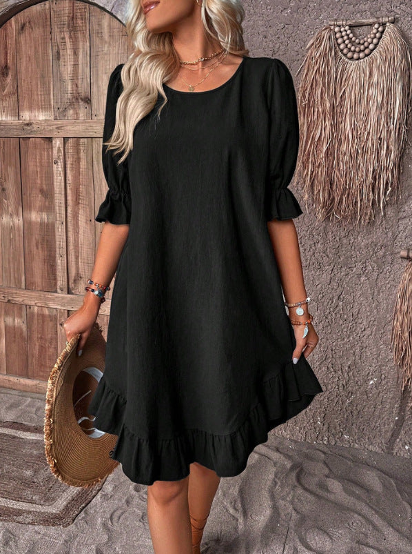 Spring and Summer women's retro cotton and linen mid-sleeve round neck solid color loose swing dress