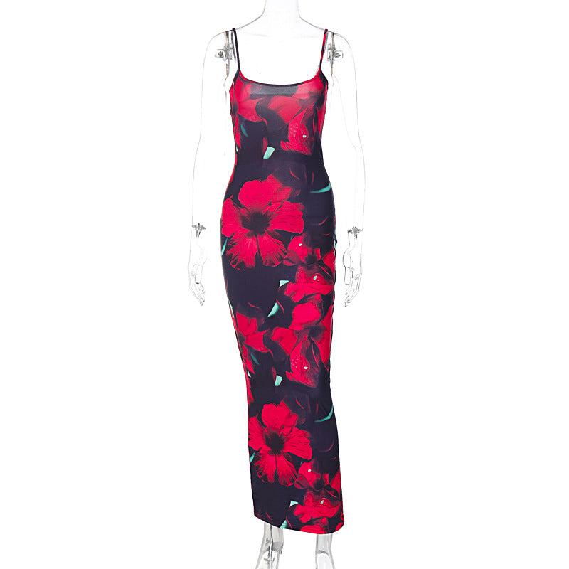 style hot selling new fashion printing U-neck suspenders slim sexy style women's dress
