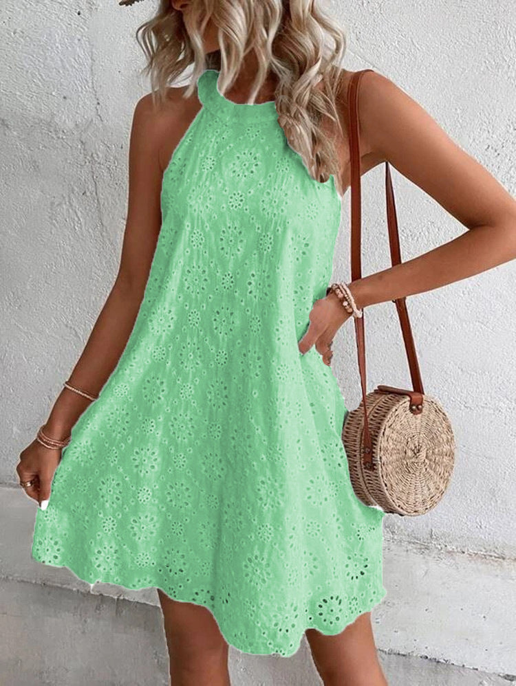 Summer New Women's Lace Solid Color Sleeveless Button Halter Dress
