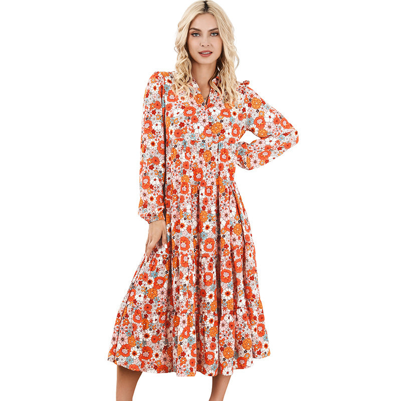 thin bohemian style printed long skirt for women autumn new ruffled dress for women