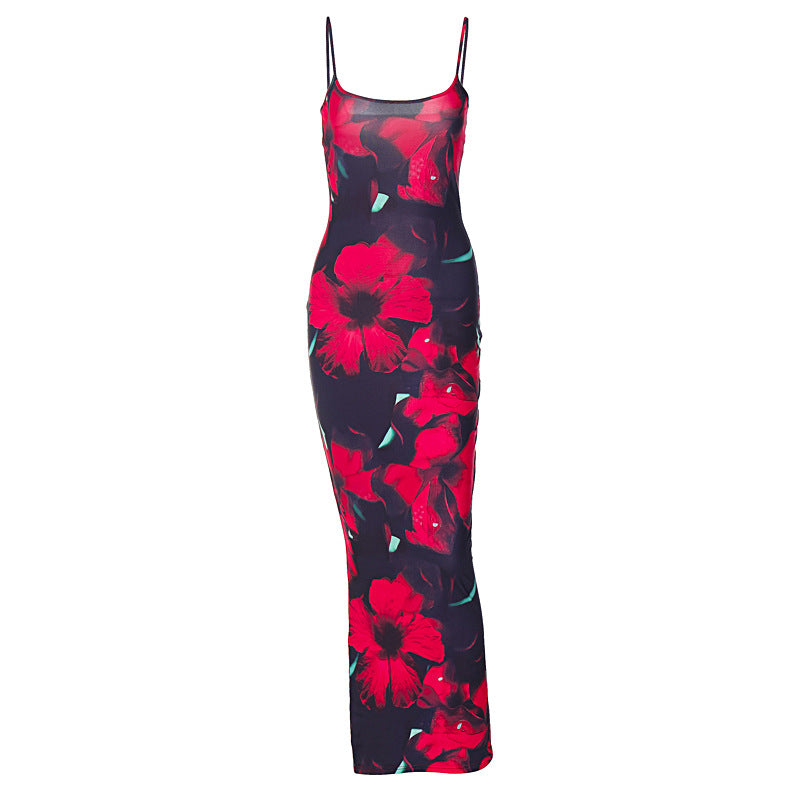 style hot selling new fashion printing U-neck suspenders slim sexy style women's dress