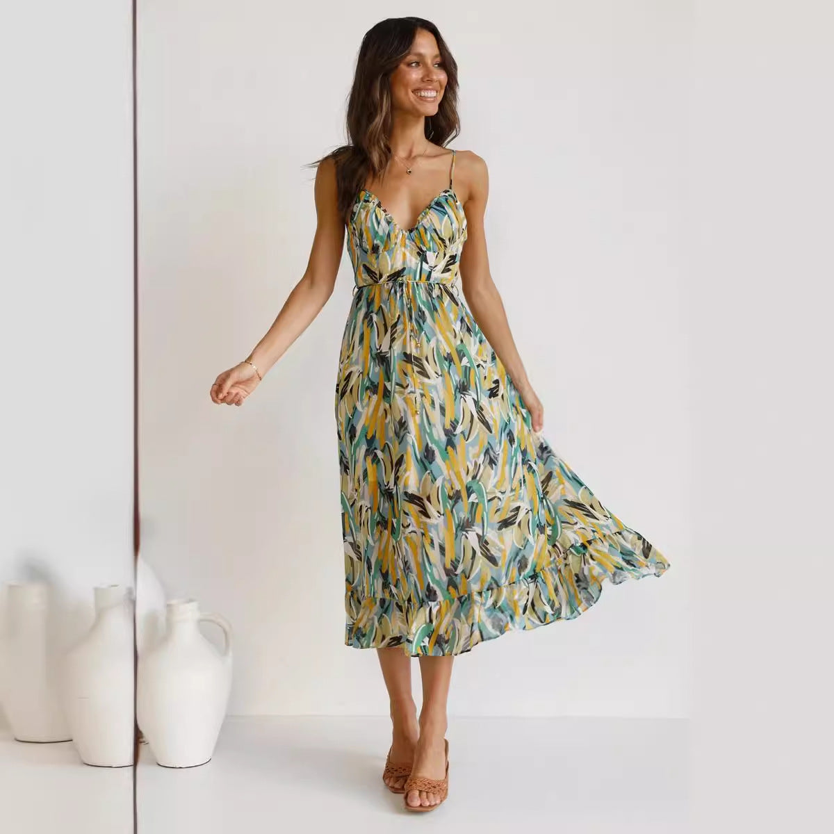 summer new women's print ruffled suspender dress