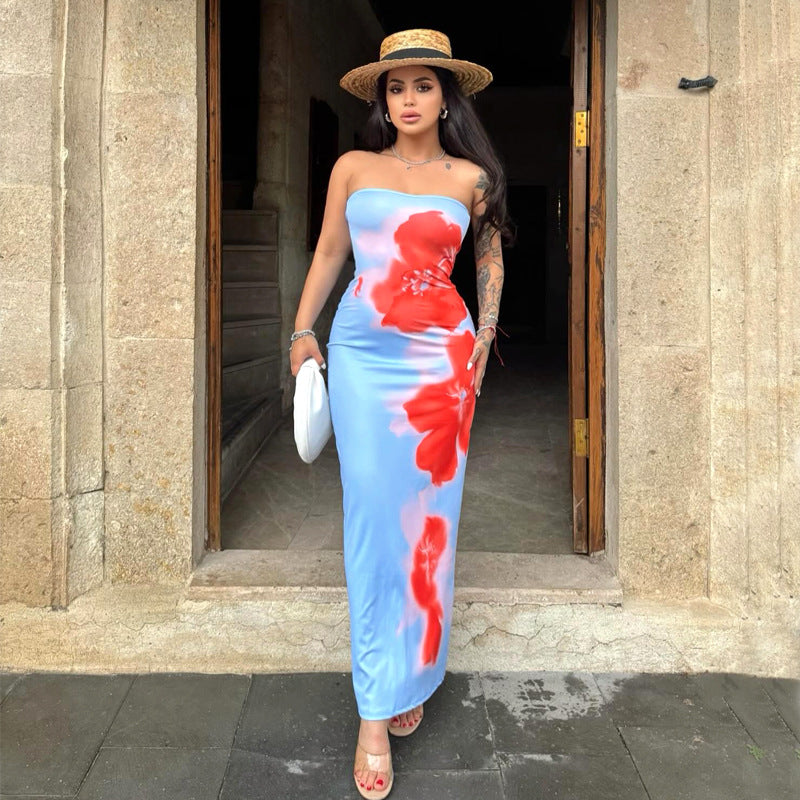 summer new high-end contrasting print tight tube top slit dress