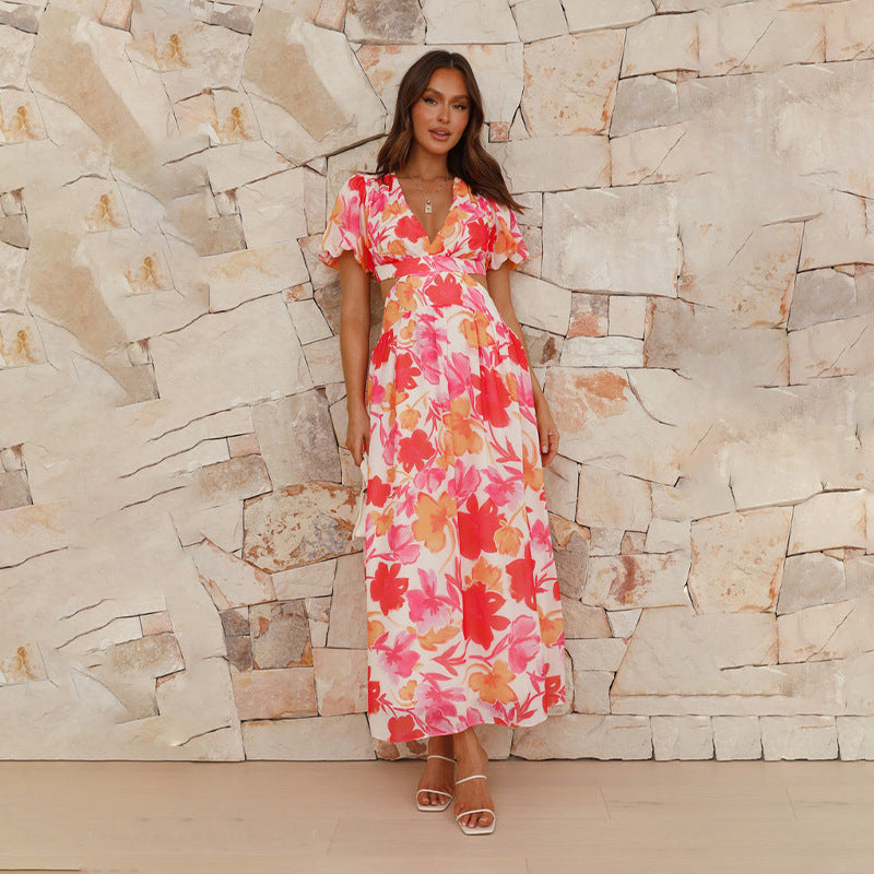 spring and summer new fresh and elegant floral large swing backless design dress