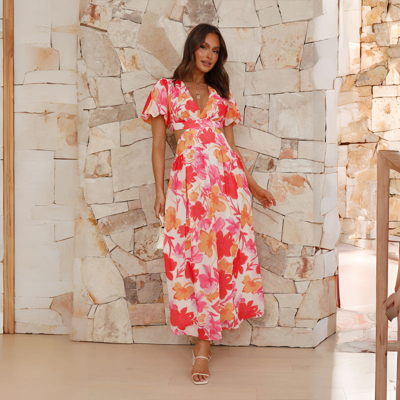 spring and summer new fresh and elegant floral large swing backless design dress