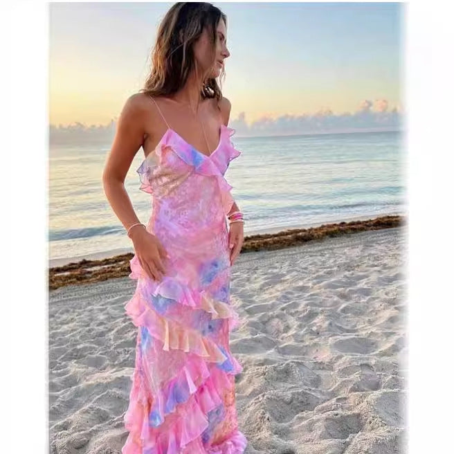 style ins  women's fashion printing sexy sling backless lace irregular dress trendy Dress