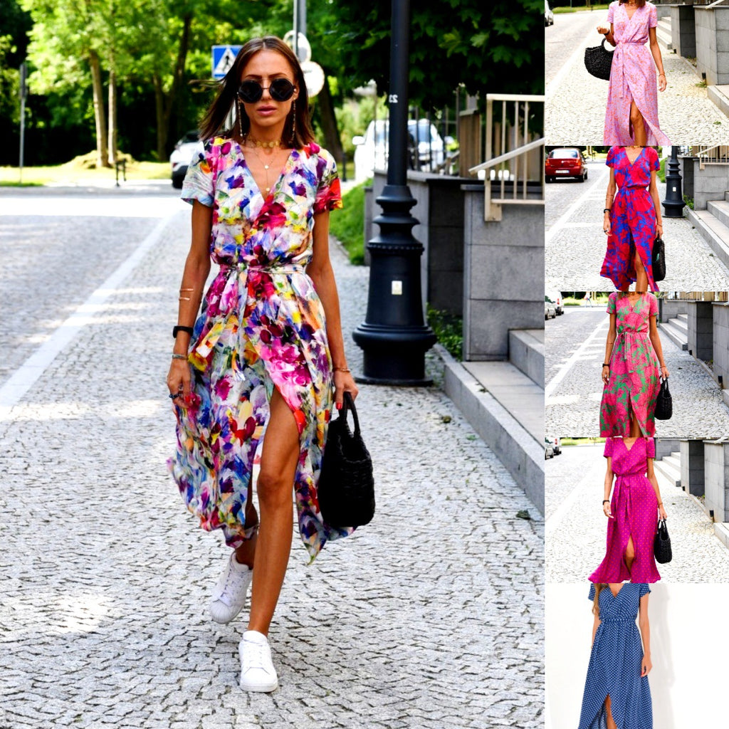 hot sale new summer European and American printed V-neck short-sleeved lace-up adjustable waist slit long skirt dress