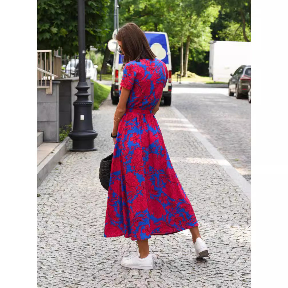 hot sale new summer European and American printed V-neck short-sleeved lace-up adjustable waist slit long skirt dress