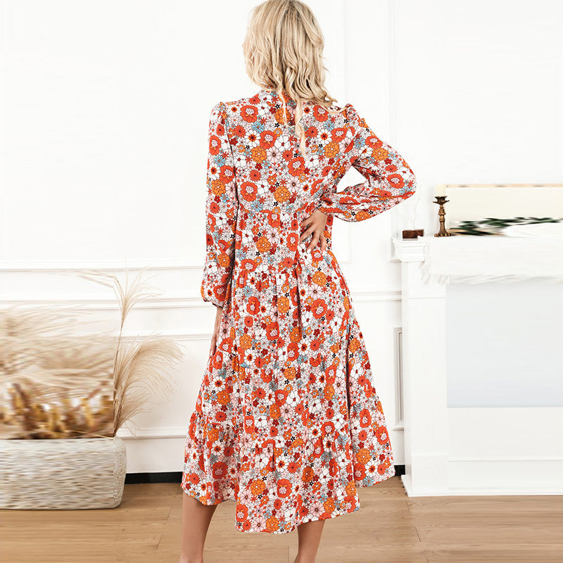 thin bohemian style printed long skirt for women autumn new ruffled dress for women
