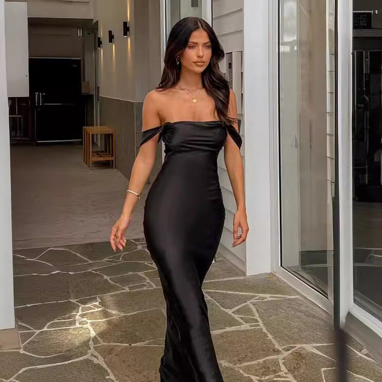 Spring and Summer New Ins One Shoulder Tube Top Satin Hip-Hip Backless Women's Dress Long Dress Evening Dress