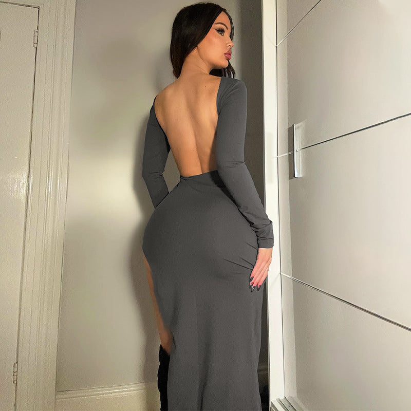 Solid color long-sleeved hip-covering skirt winter new women's sexy backless slit dress