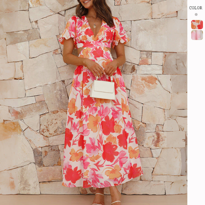 spring and summer new fresh and elegant floral large swing backless design dress