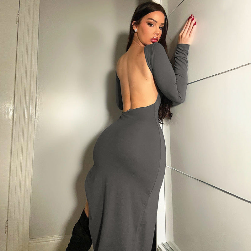 Solid color long-sleeved hip-covering skirt winter new women's sexy backless slit dress