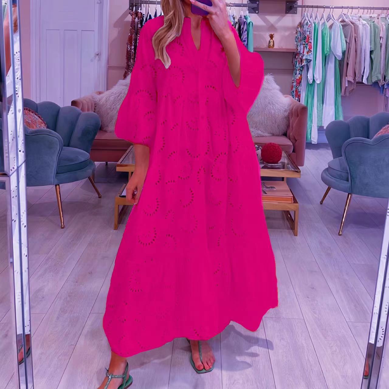 Summer and Autumn French Style V-neck Bell Sleeve Lace Hollow-out Solid Color Sexy Long Dress for Women