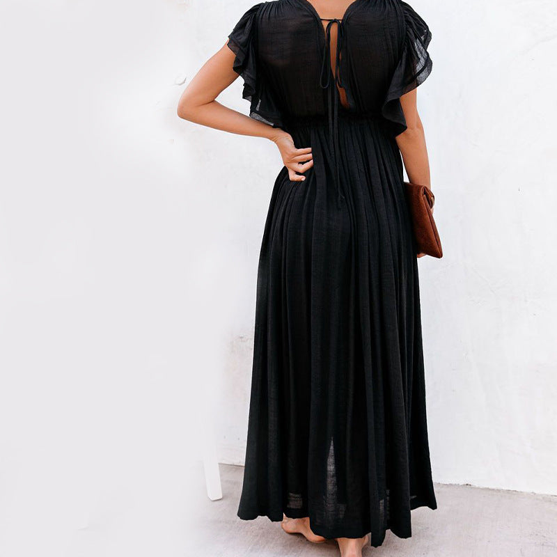 new solid color beach cover-up long skirt sun protection shirt Hawaii seaside vacation