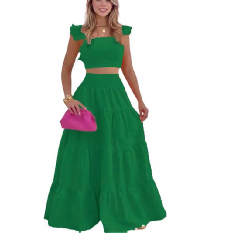 new temperament sexy solid color mid-waist suspenders two-piece suit dress