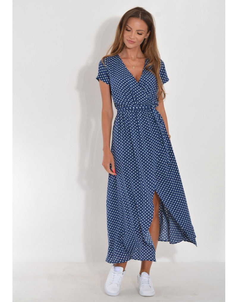 hot sale new summer European and American printed V-neck short-sleeved lace-up adjustable waist slit long skirt dress