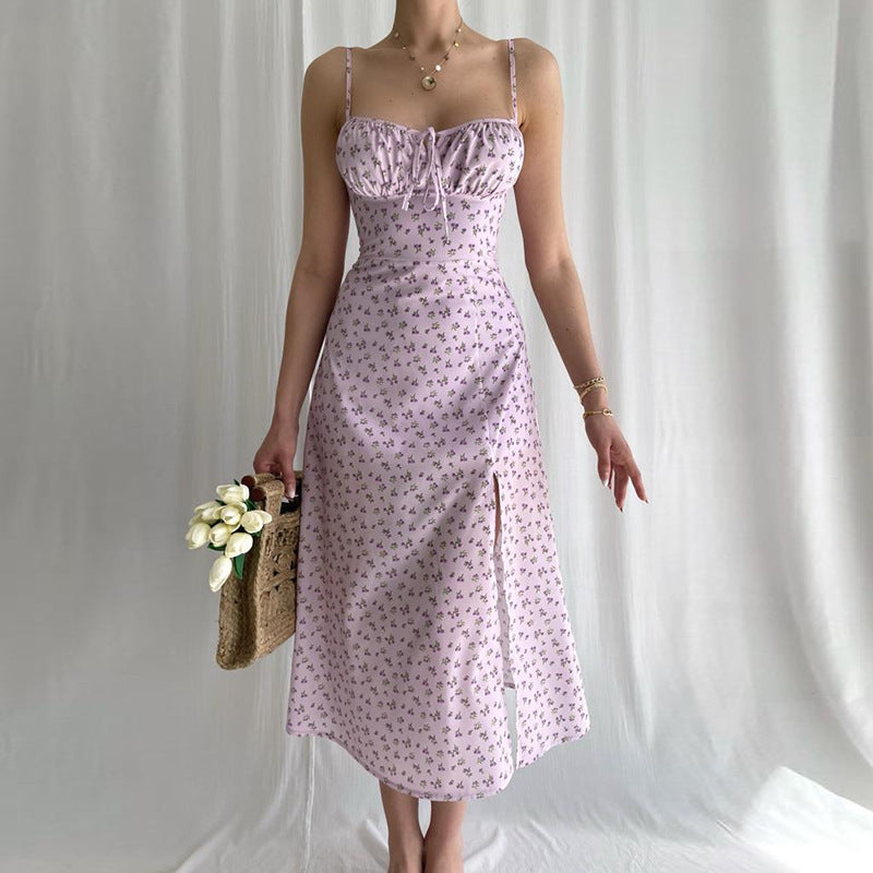 Summer Hot Selling Suspender Floral Slit Dress Sexy Floral Dress Women