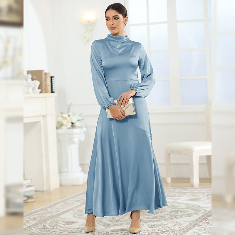new autumn foreign trade satin conservative long-sleeved loose dress with elegant temperament women's evening dress