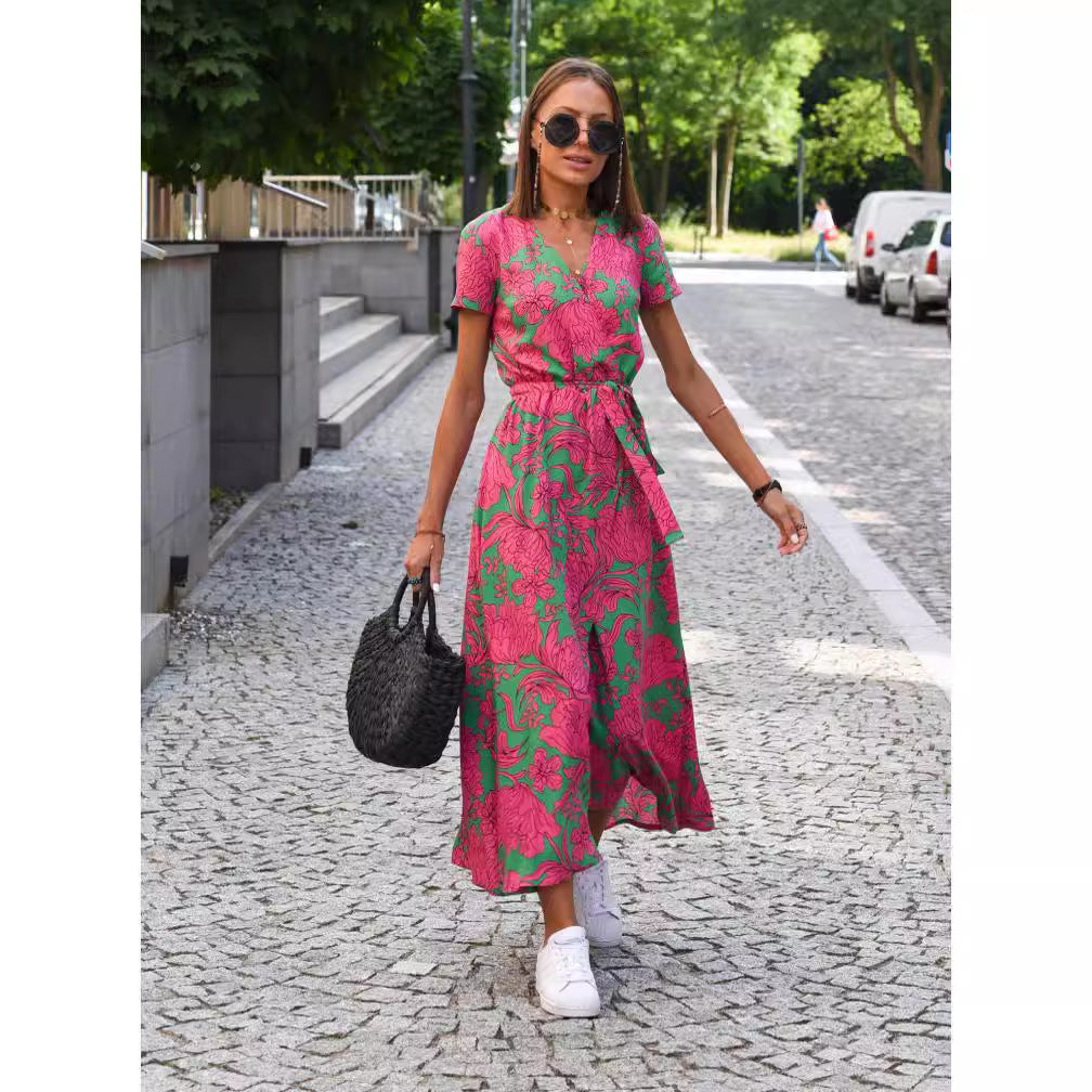 hot sale new summer European and American printed V-neck short-sleeved lace-up adjustable waist slit long skirt dress