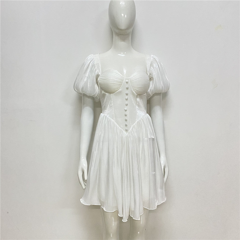 French sexy one-shoulder dress  summer new fashion puff sleeve pleated waist slimming dress