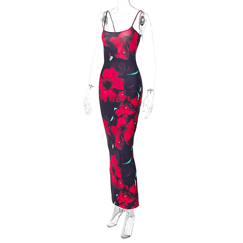 style hot selling new fashion printing U-neck suspenders slim sexy style women's dress