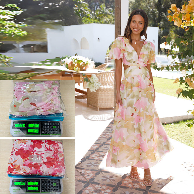 spring and summer new fresh and elegant floral large swing backless design dress