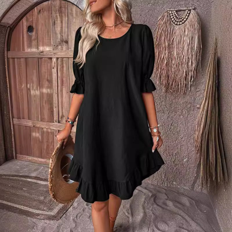 Spring and Summer women's retro cotton and linen mid-sleeve round neck solid color loose swing dress