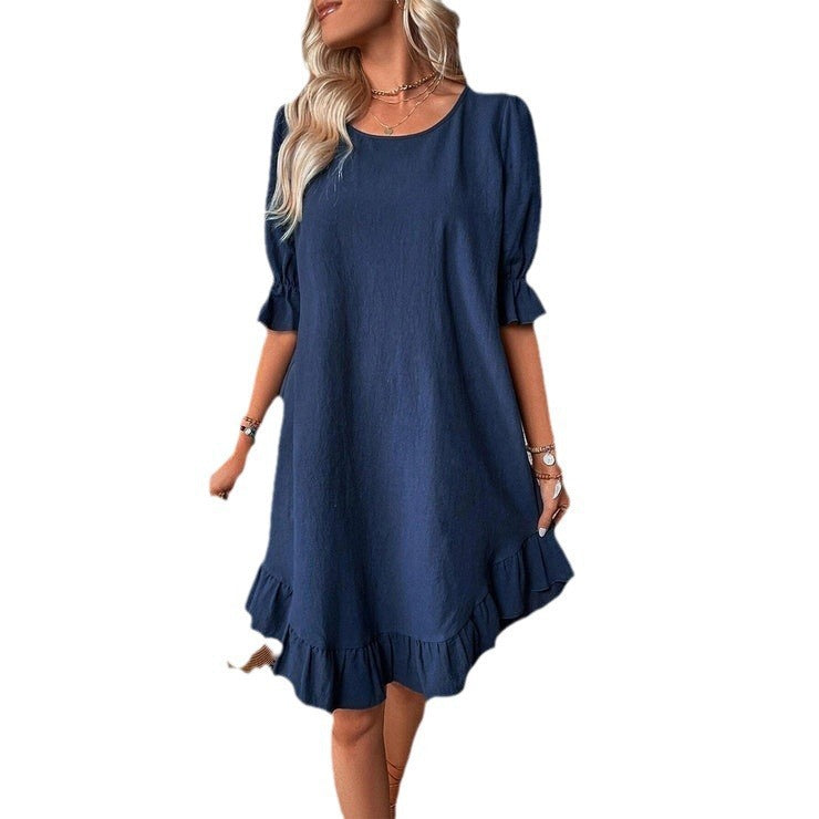 Spring and Summer women's retro cotton and linen mid-sleeve round neck solid color loose swing dress