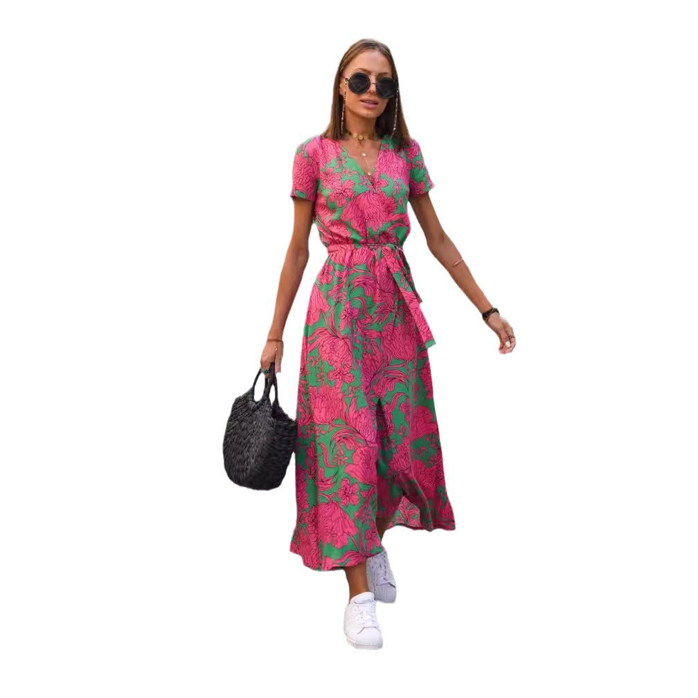 hot sale new summer European and American printed V-neck short-sleeved lace-up adjustable waist slit long skirt dress