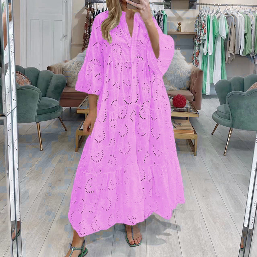 Summer and Autumn French Style V-neck Bell Sleeve Lace Hollow-out Solid Color Sexy Long Dress for Women